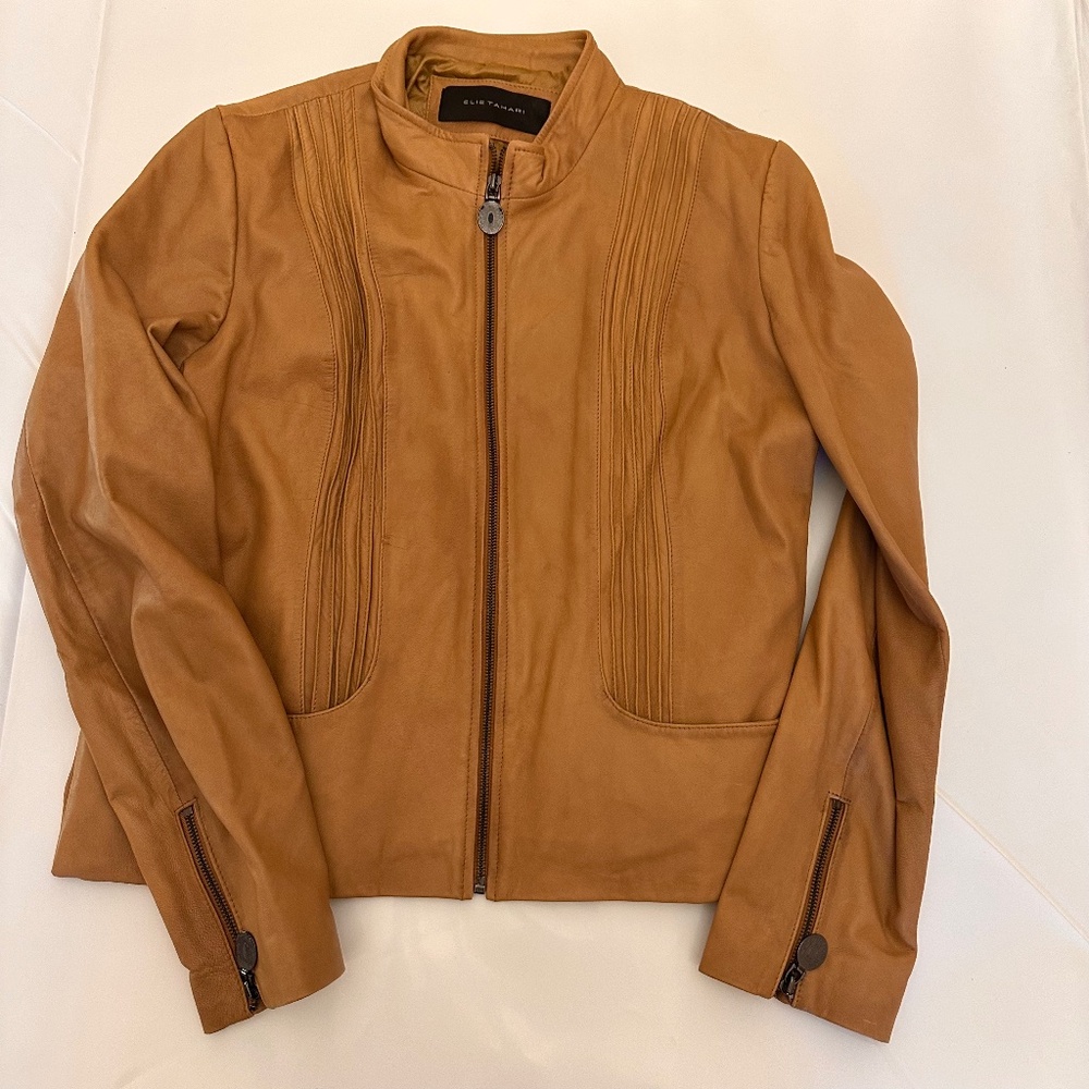 ELIE TAHARI TAN GENUINE LAMB LEATHER JACKET SIZE L